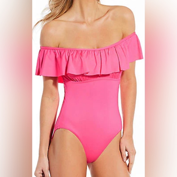 Gianni Bini pink one price swim suit hot pink‎ off shoulder medium fringe - Picture 1 of 10